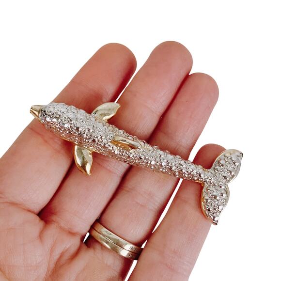 VTG 80s 90s Dolphin Brooch Two Tone Silver Gold Costume Marine Figural Jewelry - Picture 5 of 11